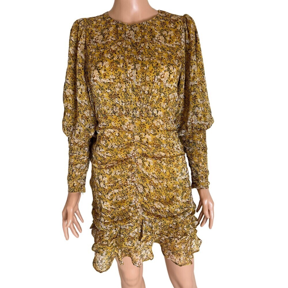Astr MINI DRESS CLAREMORE yellow FLORAL RUCHED LONG PUFF SLEEVE  SZ SM ruffled - Picture 2 of 7